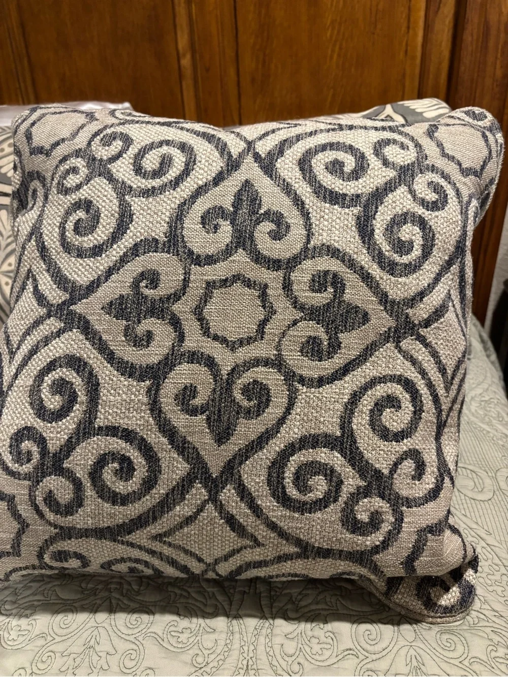 Decorative Scroll-Pattern Throw Pillow in Navy and Cream - 18